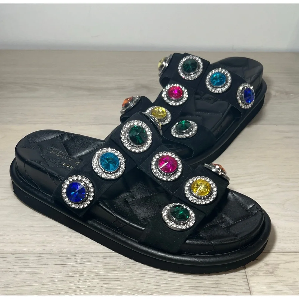 Kurt Geiger London Womens ORSON CRYSTAL Black Leather Slide Sandals Shoes Sz 9 - Picture 2 of 9